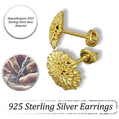 Chrysanthemum Earrings,Unique Earrings,Floral Stud Earrings,Sterling Silver,Handcrafted Gifts,Keepsake Gift,Silver Earring Set,Woman Gift