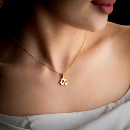 Personalized Puzzle Necklace, Name Letter Pendant, Gold & Silver Handmade Jewelry, Couples Necklace, Cross Charm, Gift for Her,Birthday Gift