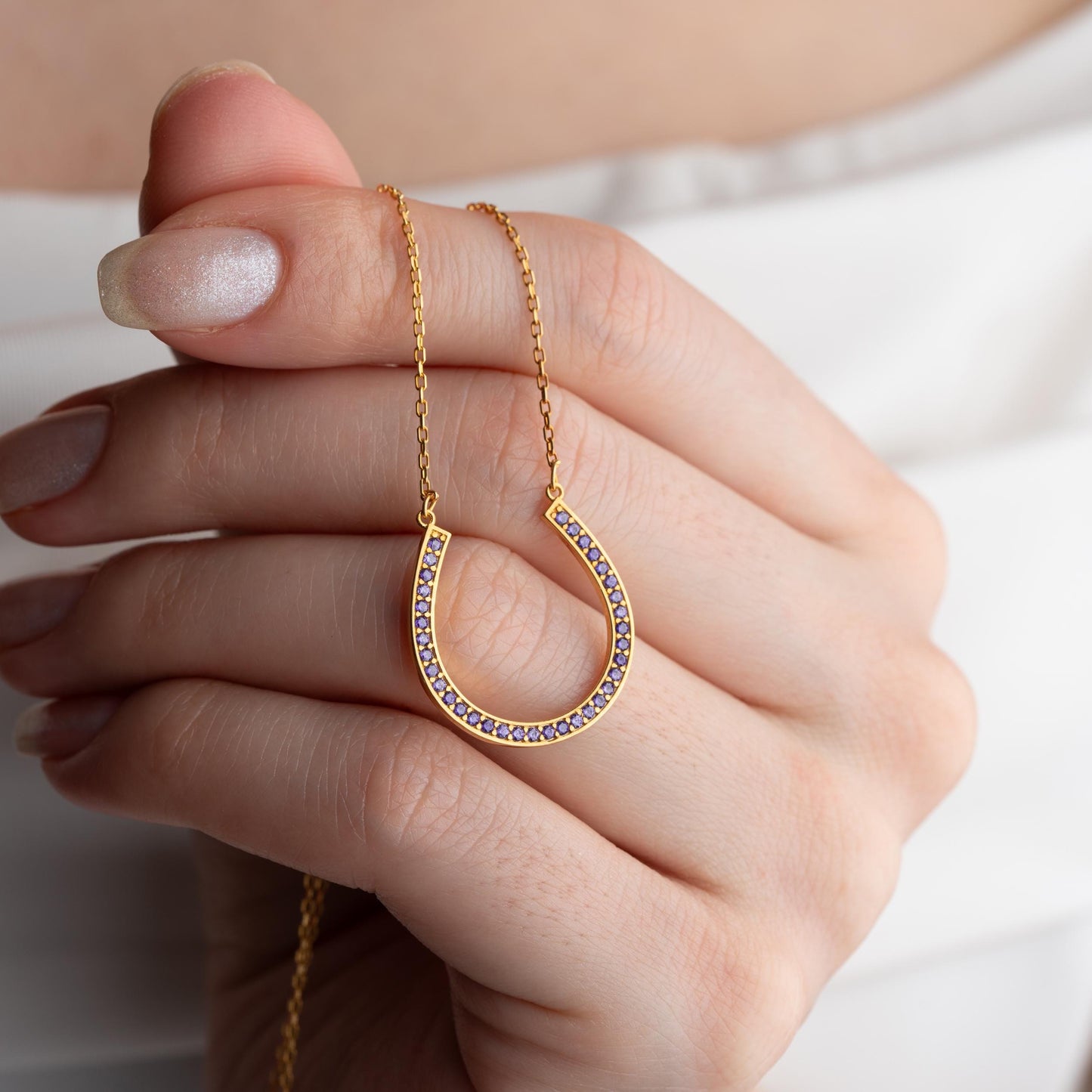 Horseshoe Pendant Necklace, Lucky Horseshoe Charm, Gold Birthstone Jewelry, Minimalist Gemstone Necklace, Anniversary Gift for Women