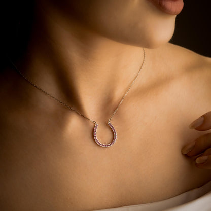 Horseshoe Pendant Necklace, Lucky Horseshoe Charm, Gold Birthstone Jewelry, Minimalist Gemstone Necklace, Anniversary Gift for Women