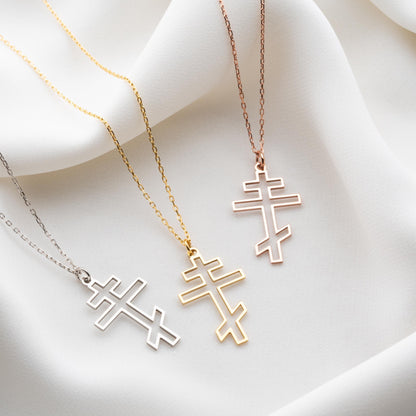 Gold Cross Necklace, Men's Women's Small Dainty Cross, 925 Sterling Silver Orthodox Sideways Cross, Tiny Pearl Christian Jewelry Gift