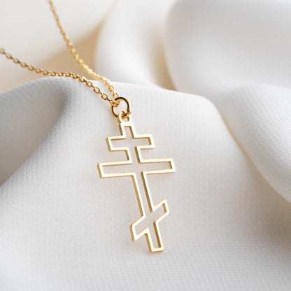Gold Cross Necklace, Men's Women's Small Dainty Cross, 925 Sterling Silver Orthodox Sideways Cross, Tiny Pearl Christian Jewelry Gift
