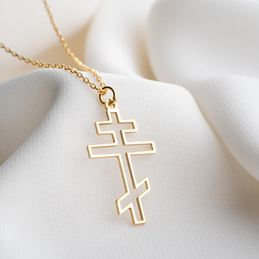 Gold Cross Necklace, Men's Women's Small Dainty Cross, 925 Sterling Silver Orthodox Sideways Cross, Tiny Pearl Christian Jewelry Gift