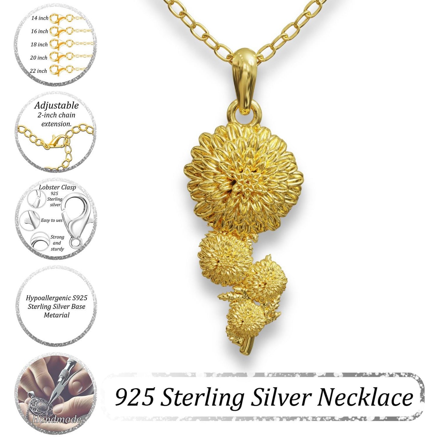 Chrysanthemum Necklace–November Birth Flower Jewelry,925 Sterling Silver Floral Pendant, Gold-Nature Charm,Dainty Handmade Botanical Gift