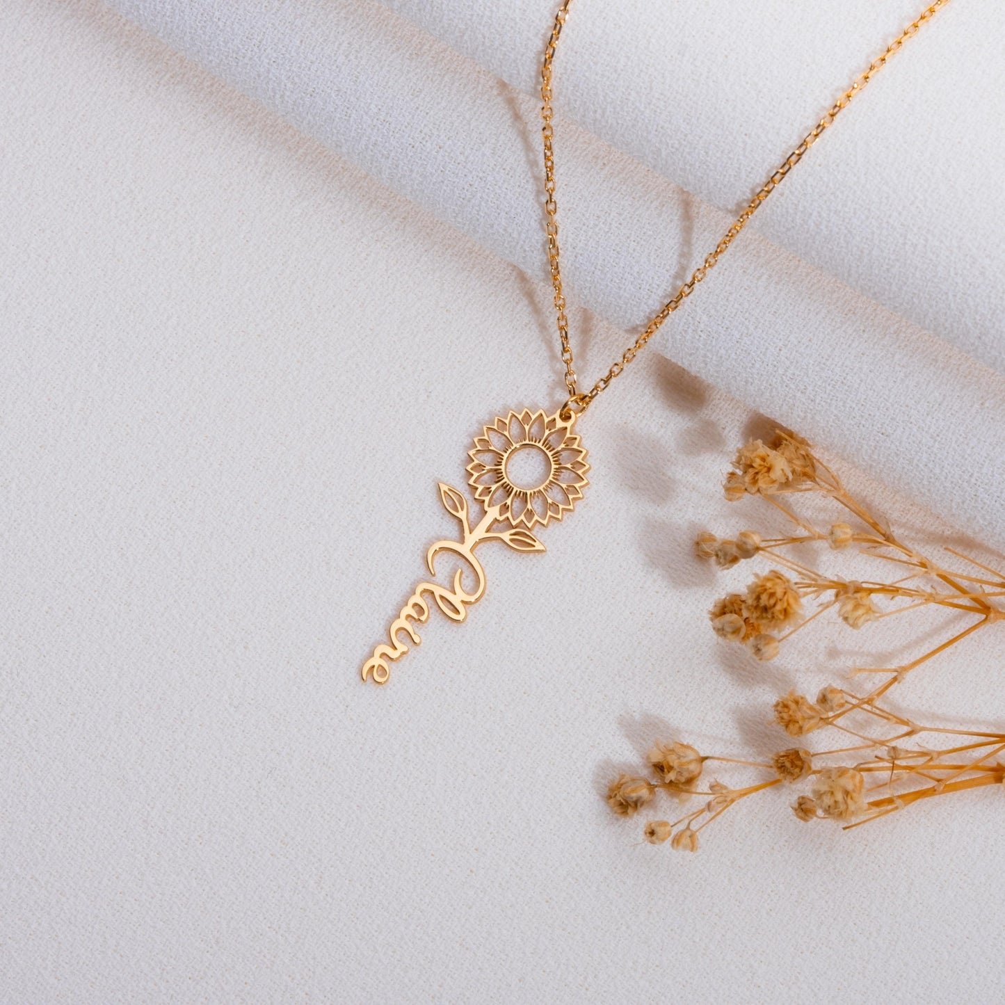 Sunflower Necklace With Name, Dainty Personalized Jewelry, Sunflower Charm Pendant, Gift for Her, Birthday Name Necklace, Silver Necklace