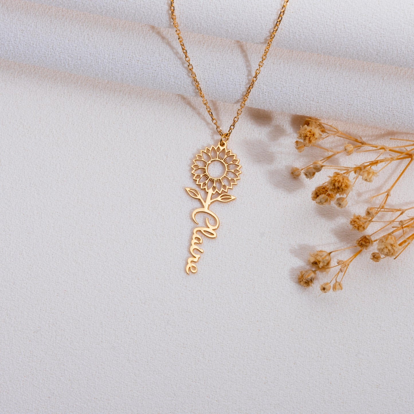 Sunflower Necklace With Name, Dainty Personalized Jewelry, Sunflower Charm Pendant, Gift for Her, Birthday Name Necklace, Silver Necklace