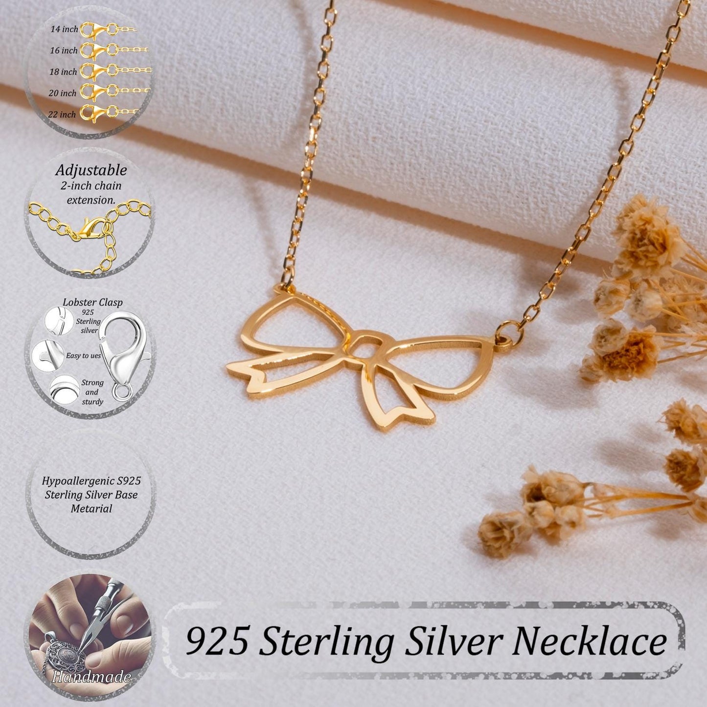 Bow Necklace, Gold Bow Charm Pendant, Vintage Minimalist Silver Necklace, Bridesmaid Wedding Gift, Gift for Her, Elegant Jewelry,handmade