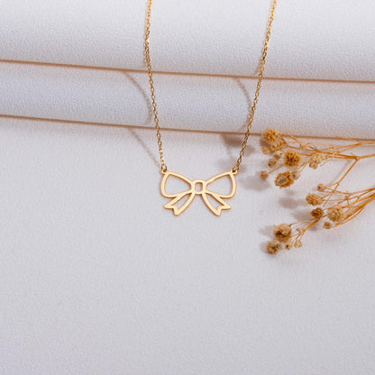Bow Necklace, Gold Bow Charm Pendant, Vintage Minimalist Silver Necklace, Bridesmaid Wedding Gift, Gift for Her, Elegant Jewelry,handmade