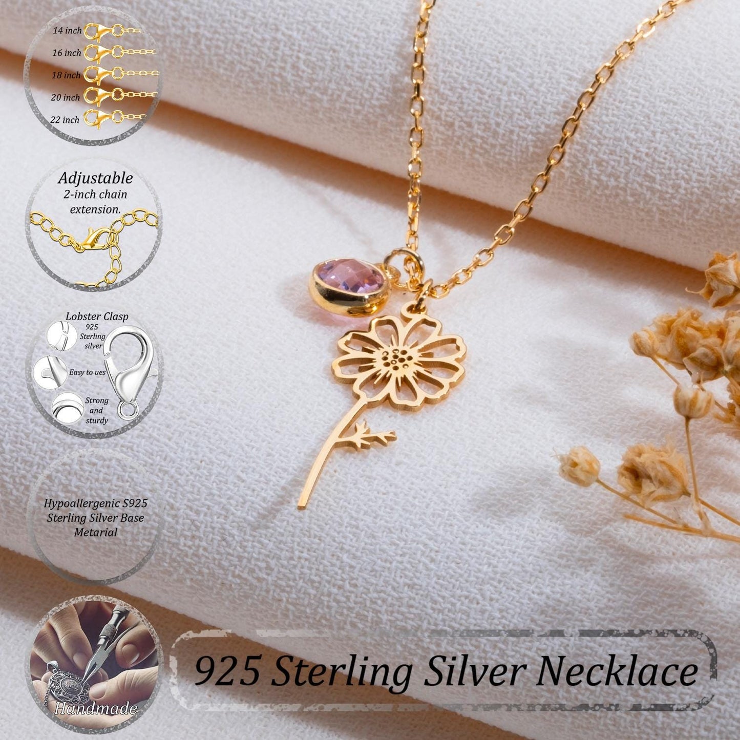 October Cosmos Flower Necklace,October Birthflower Jewelry,Birthstone Necklace,Birthday Gift,Birth Flower Jewelry,Birthflower Necklace