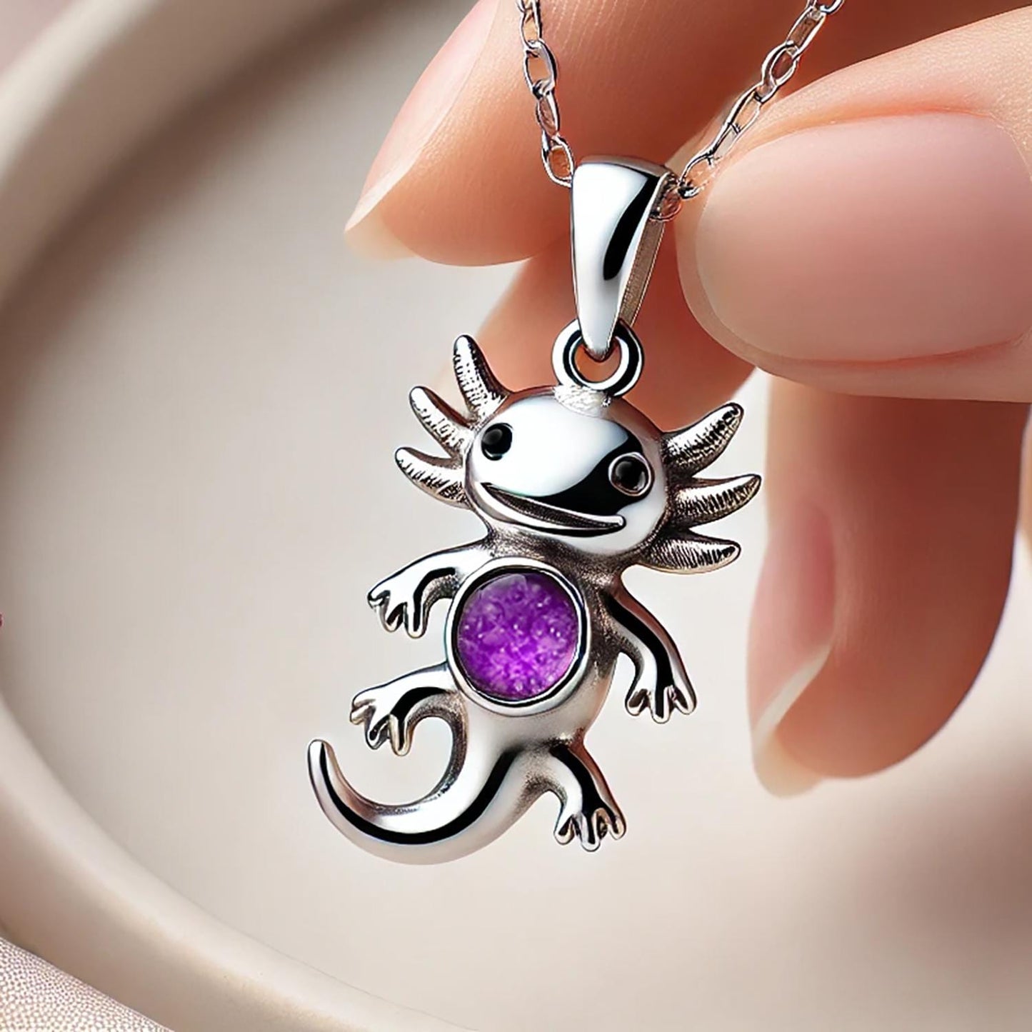 Handmade Axolotl Necklace, Amethyst Birthstone Pendant,Custom Initial Kids Name Necklace, Mama Daughter Gift,Birthflower Jewelry,Unique Gift