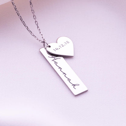 Heart Bar Necklace – Custom Nameplate, Mama Necklace, Personalized Heart Charm, Bar Jewelry Gift for Her, Name Bar Necklace for Women