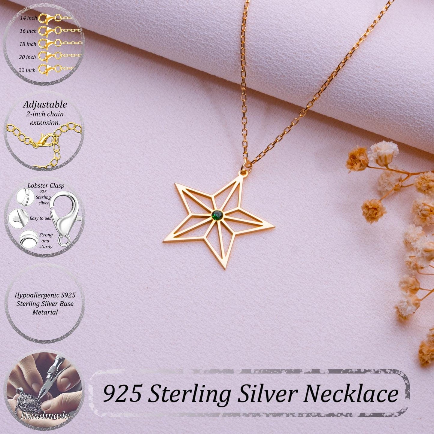 Origami Star Necklace – North Star Pendant, Polaris Compass Necklace, Handmade Silver or Gold Star Jewelry, Birthstone Gift for Her or Him