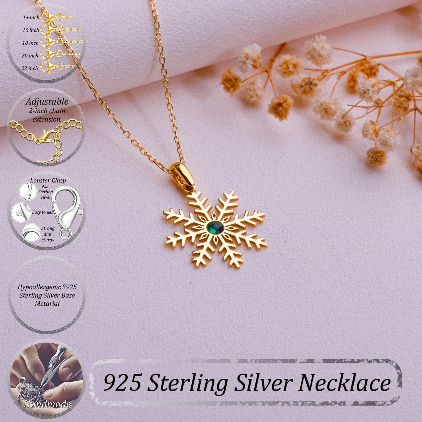 Snowflake Birthstone Necklace, December Gift, Origami Snowflake Pendant, 925 Sterling Silver Jewelry, Gift for Her or Him, Personalized