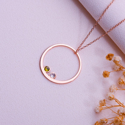 Rose Gold Circle Pendant Necklace with Two Gemstones, Minimalist Birthstone Jewelry