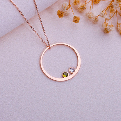 Rose Gold Circle Pendant Necklace with Two Gemstones, Minimalist Birthstone Jewelry