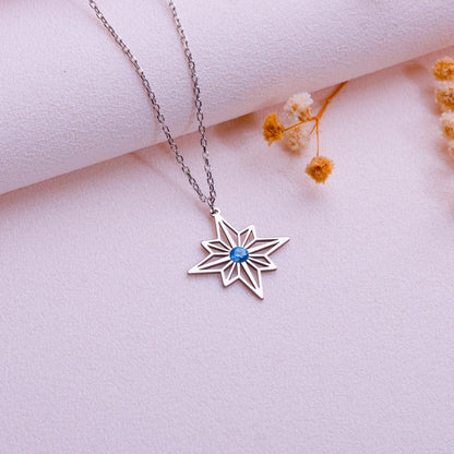 Silver Eight Point Star Necklace with Blue Gemstone Pendant