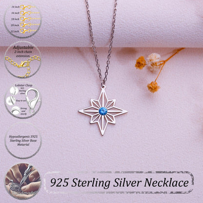 Silver Eight Point Star Necklace with Blue Gemstone Pendant