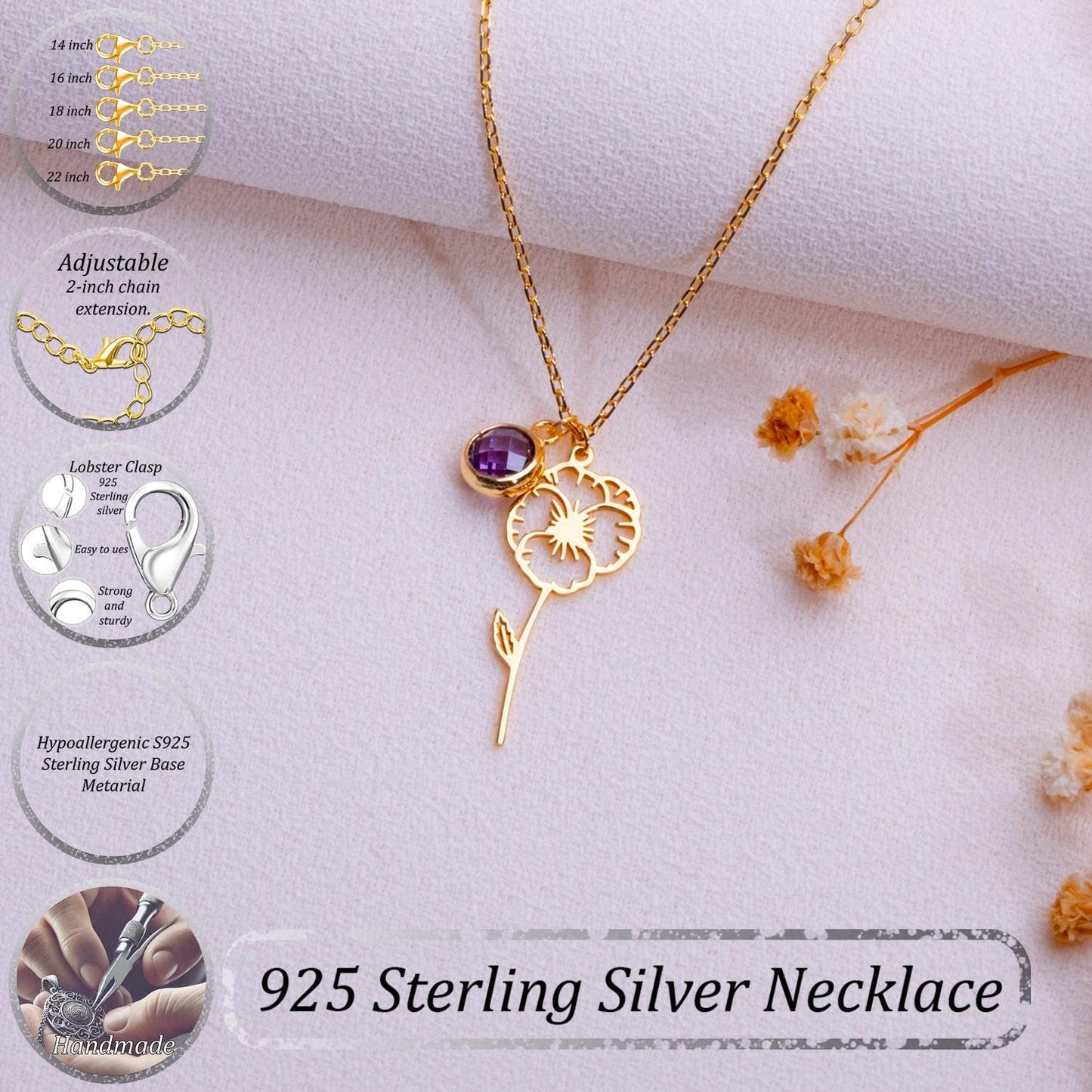 February Violet Birth Flower Necklace - Amethyst Birthstone Jewelry - Birthflower Gift for Her - Personalized Flower - Birthstone Necklace