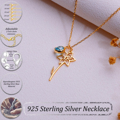 March Daffodil Birth Flower Necklace - Aquamarine Birthstone Necklace • Floral Jewelry Gift • March Birthday Flower Birthstone Necklace