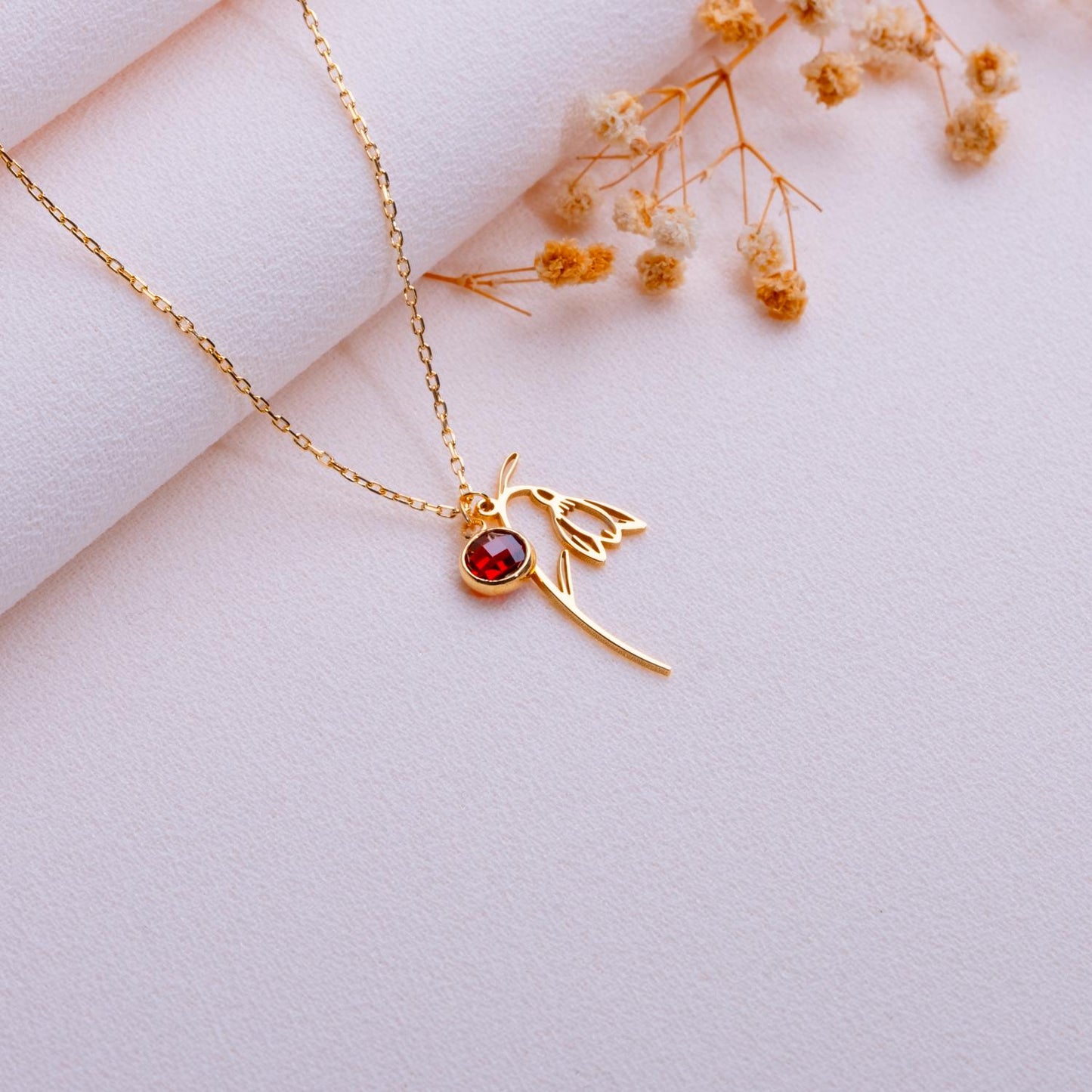 January Garnet Birthstone Necklace • Snowdrop Flower Pendant • Birthflower Jewelry Gift • January Birthday Gift for Her - Handmade necklace