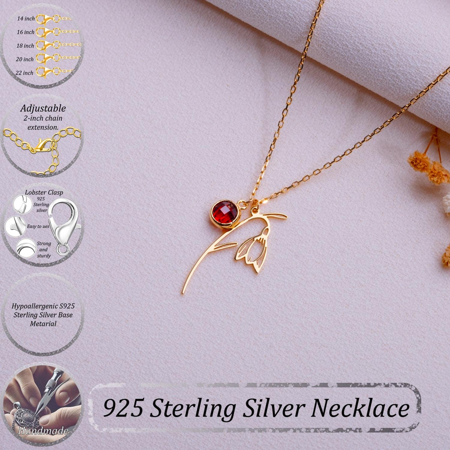 January Garnet Birthstone Necklace • Snowdrop Flower Pendant • Birthflower Jewelry Gift • January Birthday Gift for Her - Handmade necklace