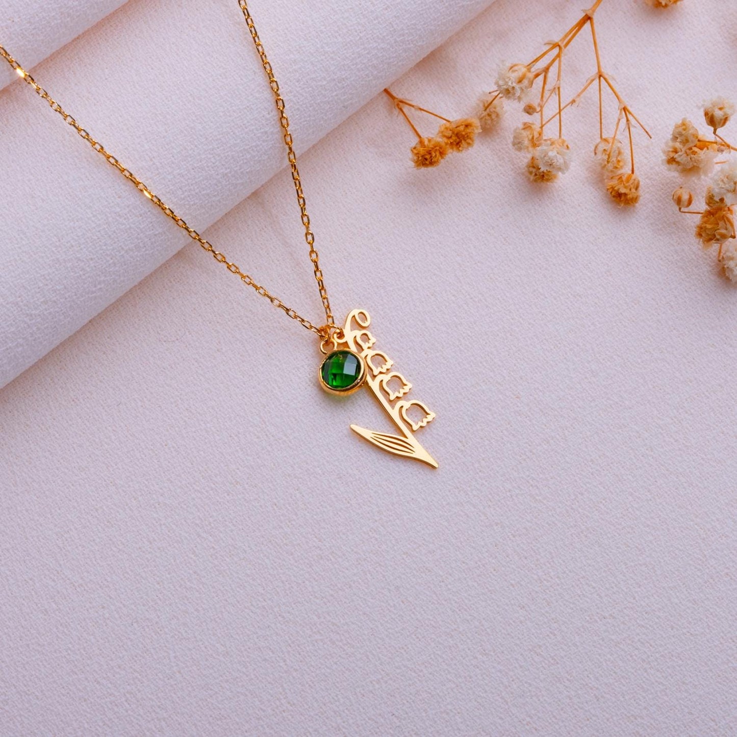 May Birth Flower Necklace • Emerald Birthstone Jewelry • Lily of the Valley Pendant • Floral Birthday Gift • Personalized Flower - Handmade
