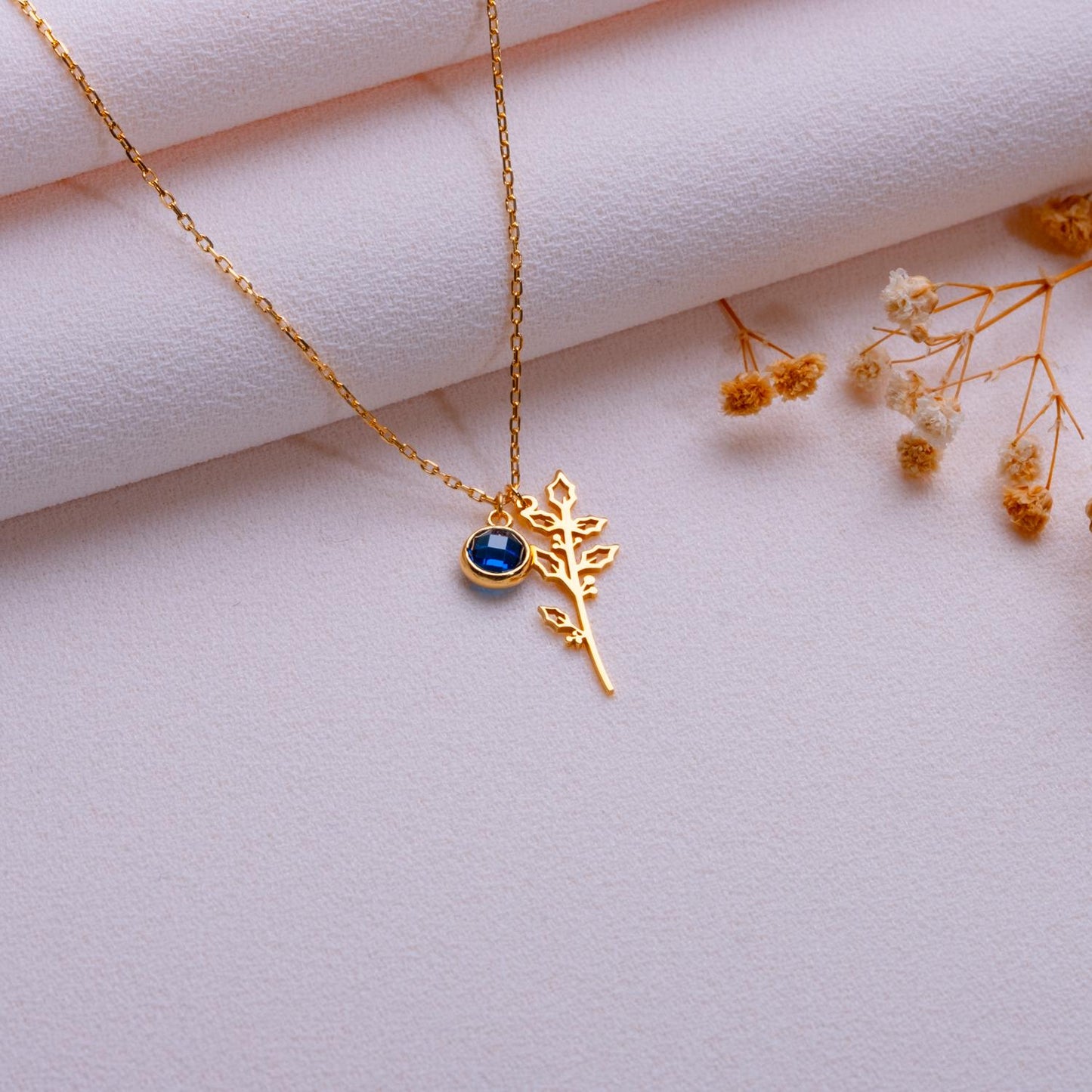December Holly Berry Birth Flower Necklace • Blue Topaz Jewelry • Floral Gold Pendant • Personalized Birthday Gift • Handmade December