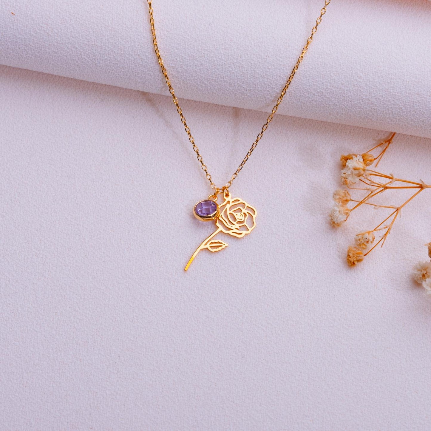 June Rose Birth Flower Necklace • Amethyst Pendant Jewelry • Birth Month Flower Gift •Personalized Floral Necklace for Her-Handmade Necklace