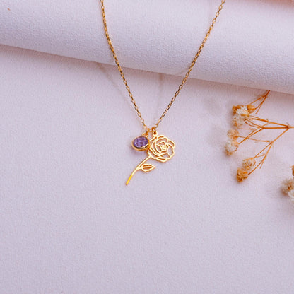 June Rose Birth Flower Necklace • Amethyst Pendant Jewelry • Birth Month Flower Gift •Personalized Floral Necklace for Her-Handmade Necklace