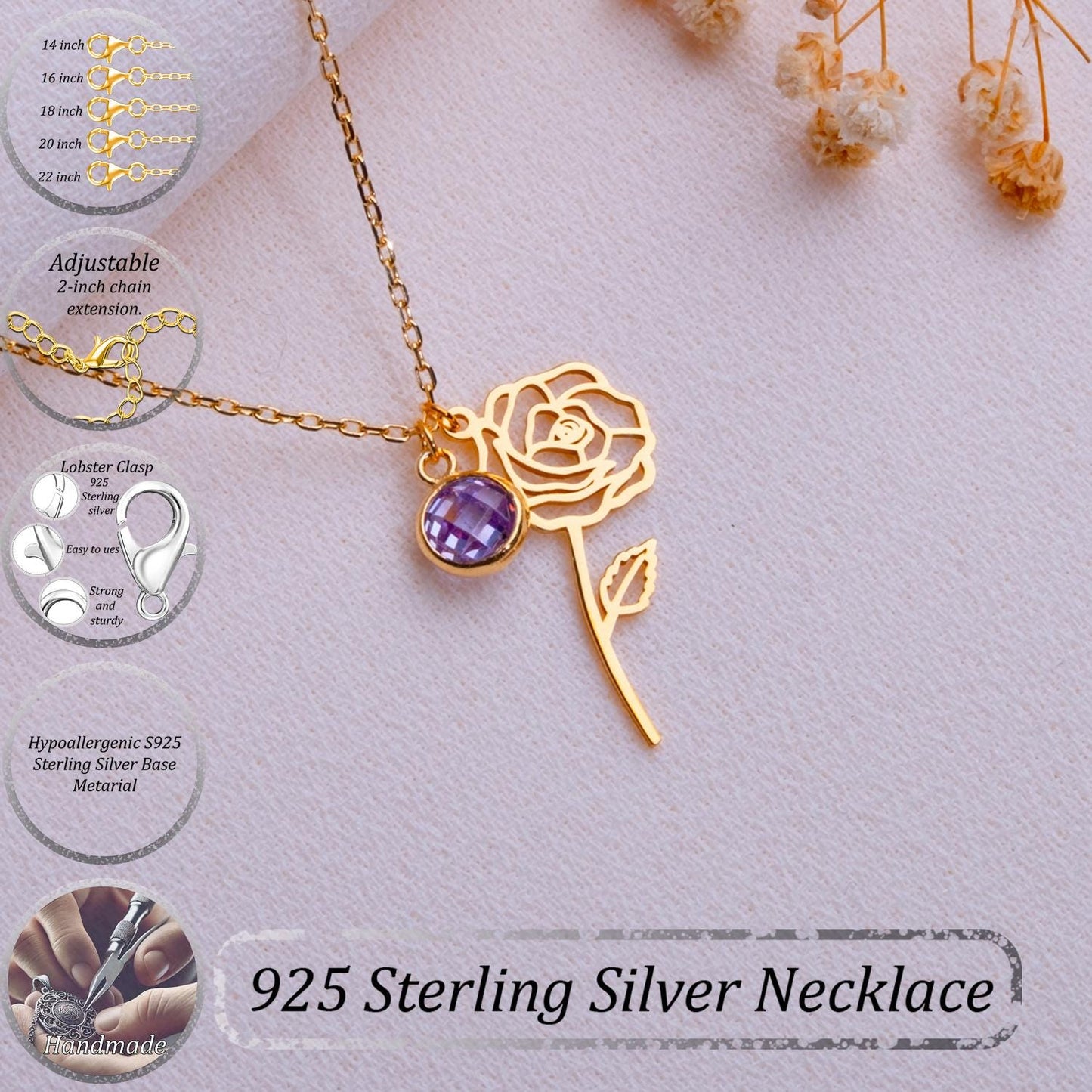 June Rose Birth Flower Necklace • Amethyst Pendant Jewelry • Birth Month Flower Gift •Personalized Floral Necklace for Her-Handmade Necklace