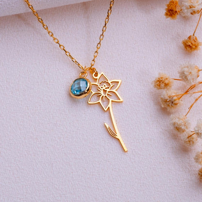 Gold Birth Flower Necklace • Handmade Dainty Floral Jewelry • Birthstone Pendant for Women • Personalized Birthday-Anniversary Gift for Her