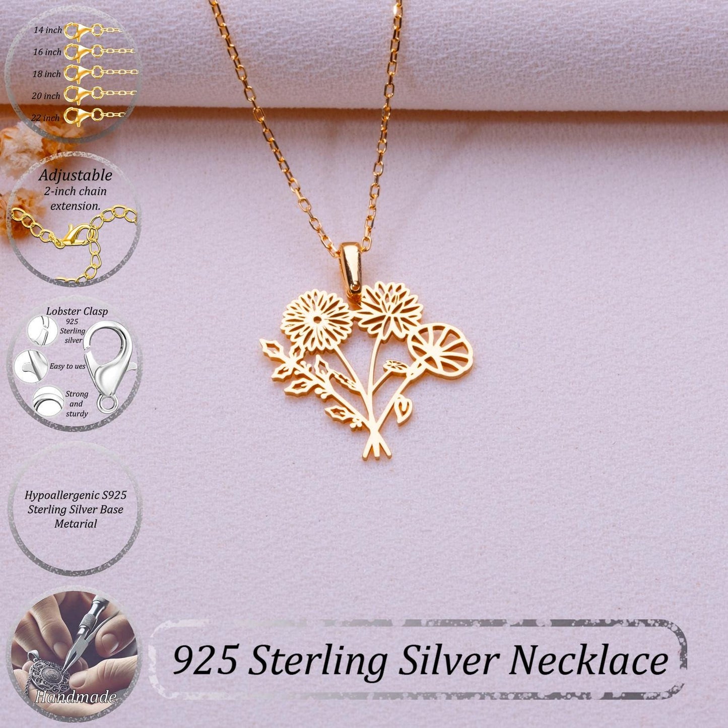 Bouquet Birth Flower Pendant • Dainty Birth Month Necklace • Gold Birthflower Jewelry • Personalized Floral Gift • Birthday Necklace for Her