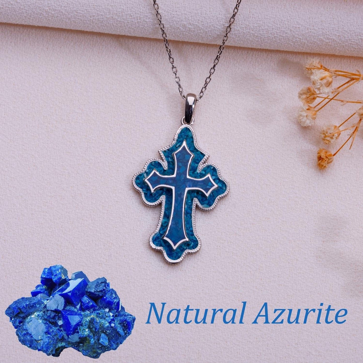 Handmade Azurite Cross Pendant Necklace: Sterling Silver Gemstone Jewelry