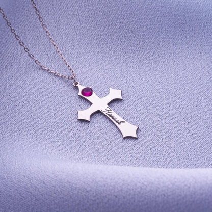 Birthstone Cross Necklace, Gold Cross Pendant, Custom Name Necklace, Small Orthodox Cross, Birthstone Jewelry Gift for Her, Birthday Gift.
