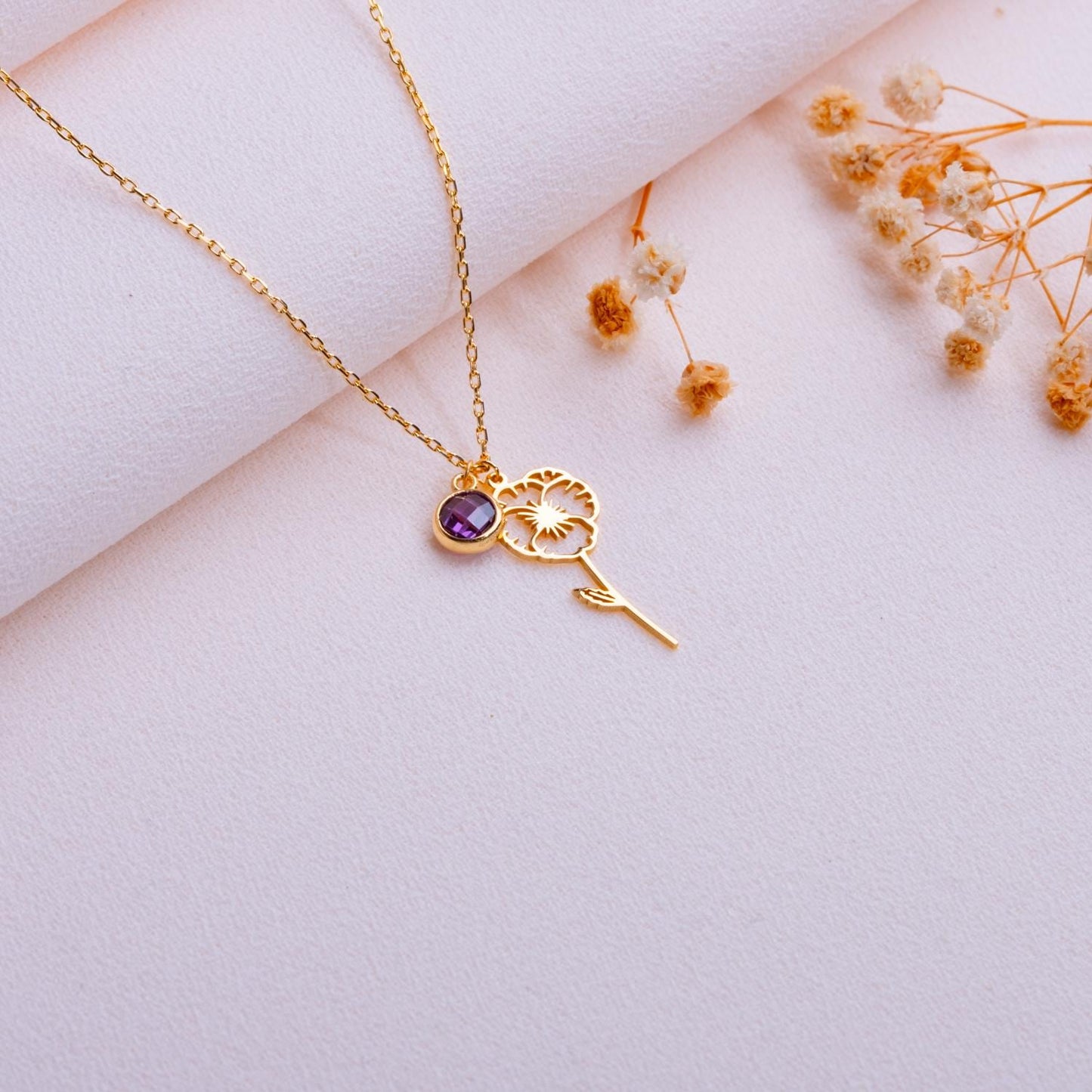 February Violet Birth Flower Necklace - Amethyst Birthstone Jewelry - Birthflower Gift for Her - Personalized Flower - Birthstone Necklace