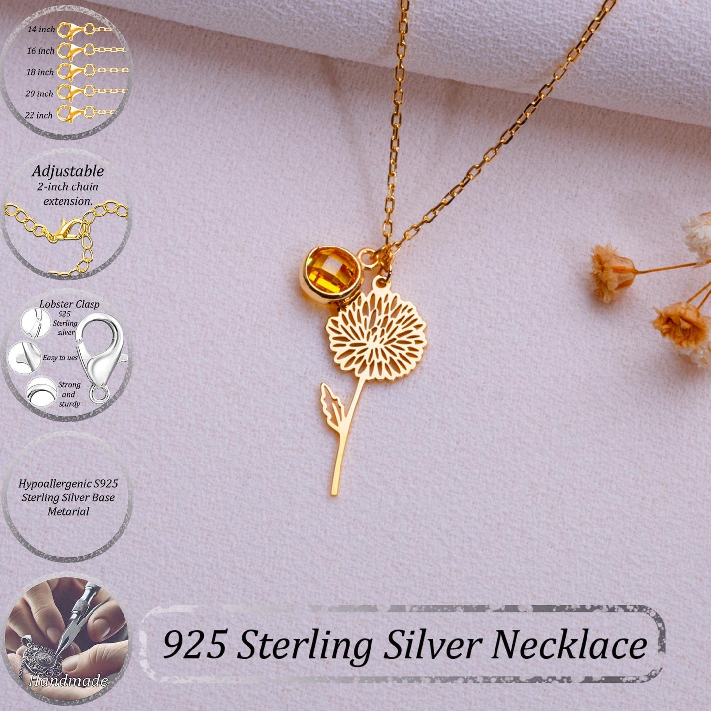 November Chrysanthemum Birthstone Flower Necklace • Yellow Topaz Birthstone Jewelry • Birthflower Pendant • Birthday Gift for Her - Handmade