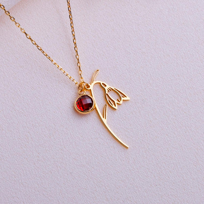 January Garnet Birthstone Necklace • Snowdrop Flower Pendant • Birthflower Jewelry Gift • January Birthday Gift for Her - Handmade necklace