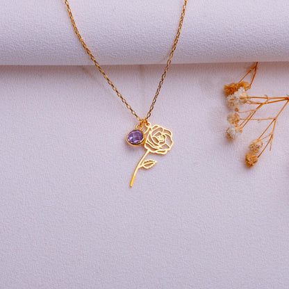 June Rose Birth Flower Necklace • Amethyst Pendant Jewelry • Birth Month Flower Gift •Personalized Floral Necklace for Her-Handmade Necklace