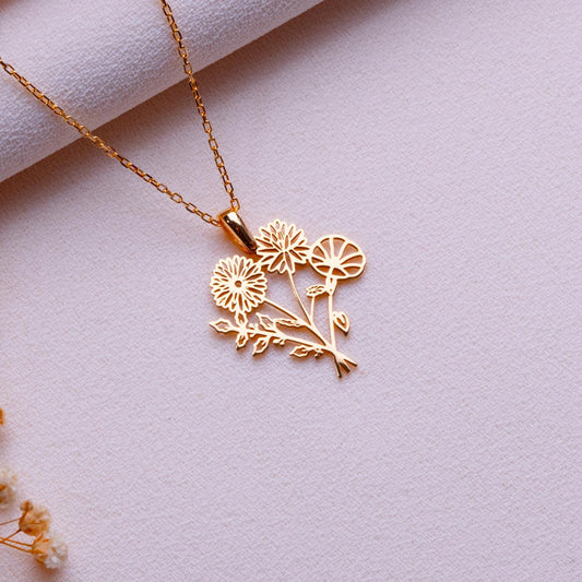 Bouquet Birth Flower Pendant • Dainty Birth Month Necklace • Gold Birthflower Jewelry • Personalized Floral Gift • Birthday Necklace for Her