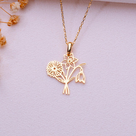 Bouquet Birth Flower Necklace • Dainty Gold or Silver Birth Month Pendant • Personalized Floral Jewelry Gift • Custom Birthday Gift for Her.