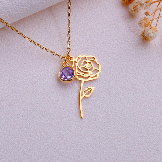 June Rose Birth Flower Necklace • Amethyst Pendant Jewelry • Birth Month Flower Gift •Personalized Floral Necklace for Her-Handmade Necklace