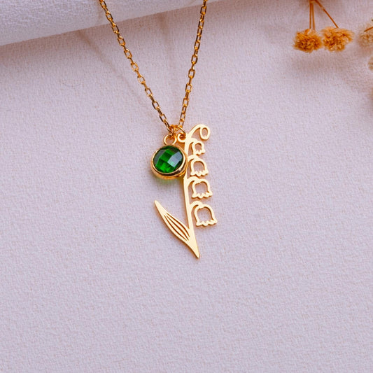 May Birth Flower Necklace • Emerald Birthstone Jewelry • Lily of the Valley Pendant • Floral Birthday Gift • Personalized Flower - Handmade