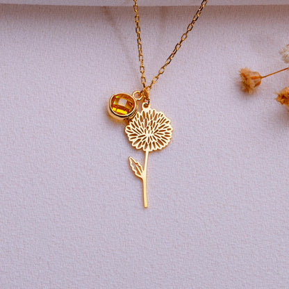 November Chrysanthemum Birthstone Flower Necklace • Yellow Topaz Birthstone Jewelry • Birthflower Pendant • Birthday Gift for Her - Handmade