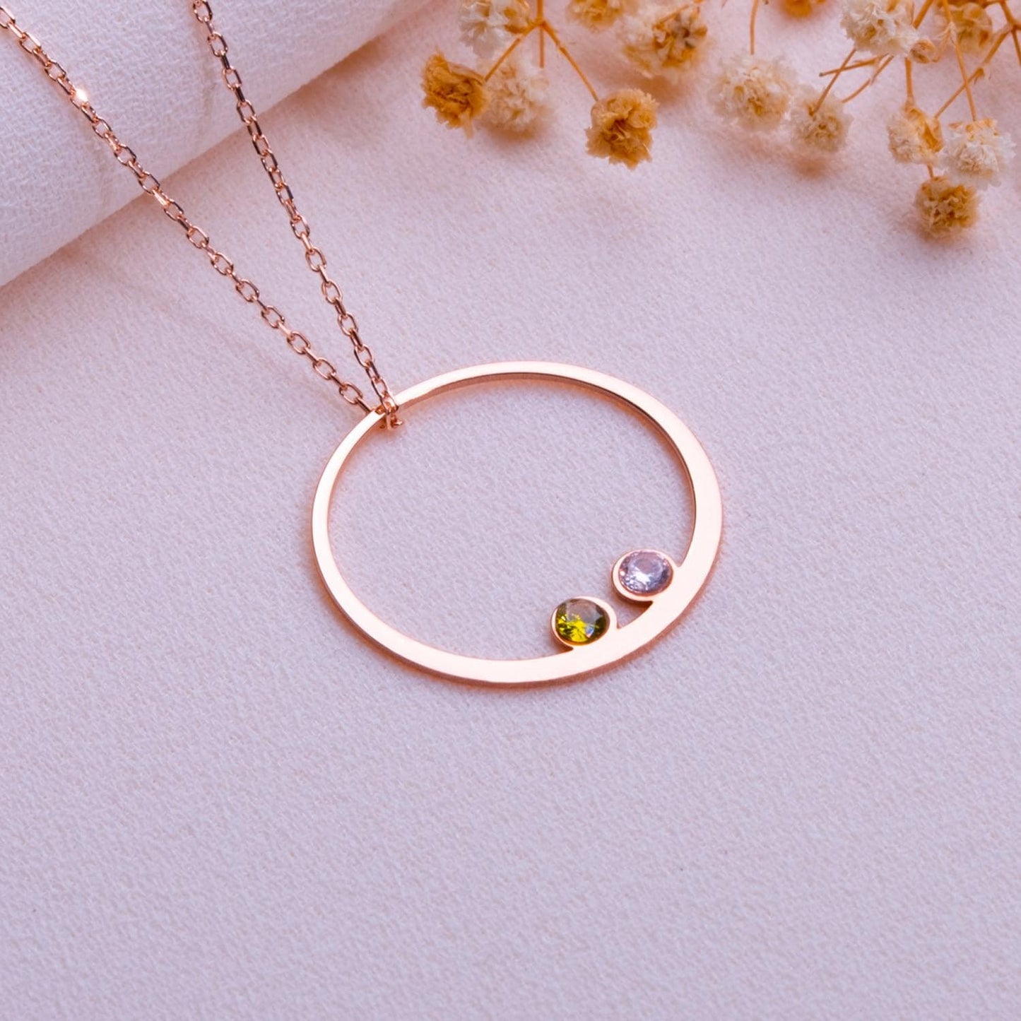 Rose Gold Circle Pendant Necklace with Two Gemstones, Minimalist Birthstone Jewelry