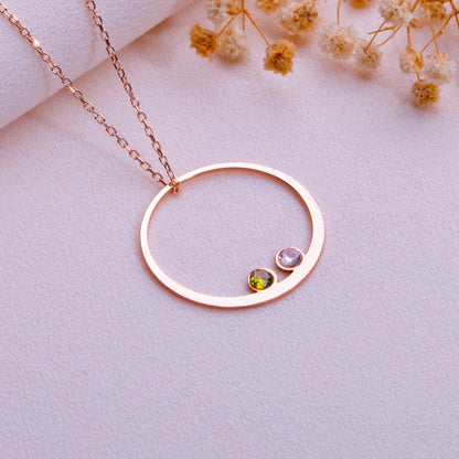 Rose Gold Circle Pendant Necklace with Two Gemstones, Minimalist Birthstone Jewelry