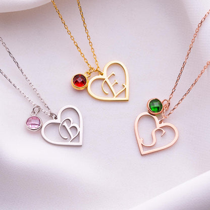 Birthstone Heart Necklace – Personalized Heart Jewelry, Custom Birthstone Gift for Her, Birthday Necklace, Romantic Jewelry for Women.
