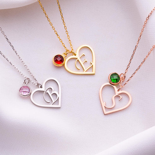 Birthstone Heart Necklace – Personalized Heart Jewelry, Custom Birthstone Gift for Her, Birthday Necklace, Romantic Jewelry for Women.