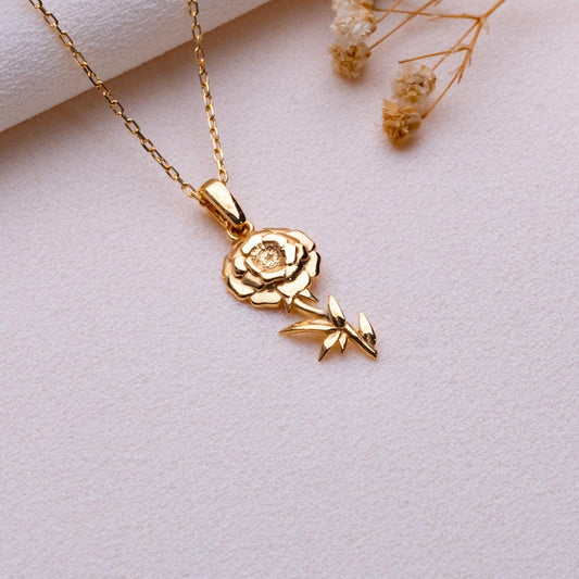 Marigold Flower Necklace, Birth Flower Jewelry, Custom Pendant, Personalized Charm Necklace, Birthstone Necklace, Best Friend & Mom Gift