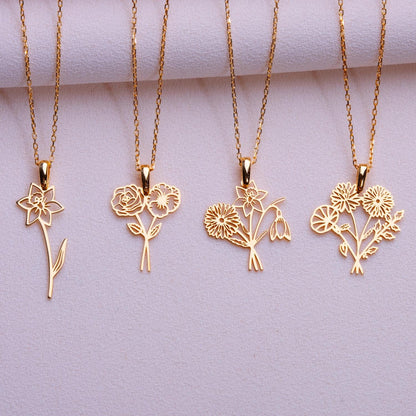 Bouquet Birth Flower Pendant -Dainty Gold Floral Necklace,Personalized Birth Month Jewelry Gift,Anniversary Gift for Her,Necklaces for Women