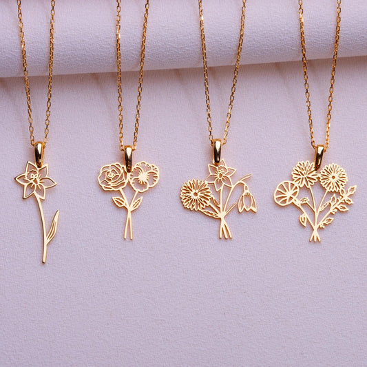Bouquet Birth Flower Pendant -Dainty Gold Floral Necklace,Personalized Birth Month Jewelry Gift,Anniversary Gift for Her,Necklaces for Women